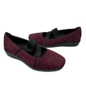 Clark’s Maroon Daelyn Villa Suede Low Wedge Shoes Elastic Straps